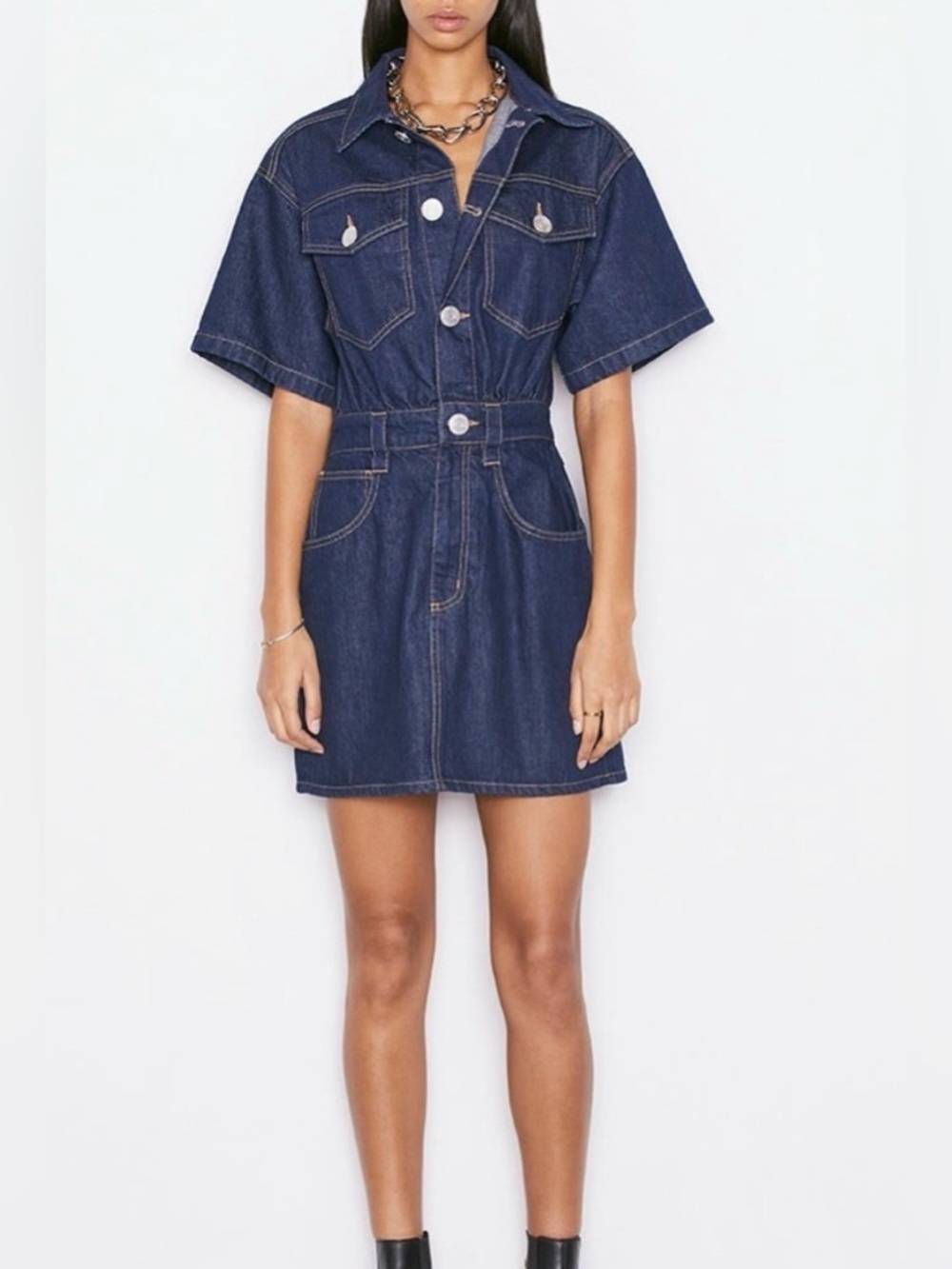 NWT Frame oversized denim dress. Dark blue with silver buttons.  Womens Large.